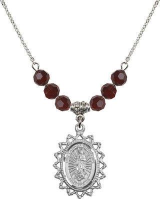 18" Rhodium Plated Necklace with 4mm Garnet Crystal Beads featuring a Sterling Silver Our Lady of Guadalupe Medal.