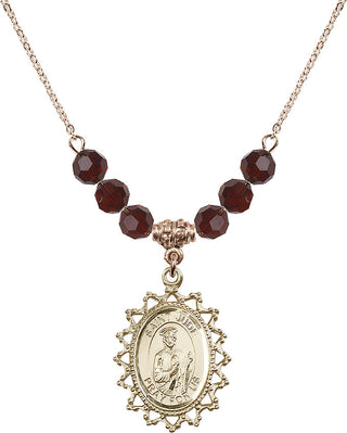 18" Hamilton Gold Plated Necklace with 4mm Garnet Crystal Beads featuring a 14kt Gold Filled Saint Jude Medal.