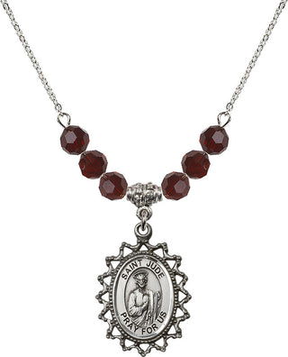 18" Rhodium Plated Necklace with 4mm Garnet Crystal Beads featuring a Sterling Silver Saint Jude Medal.