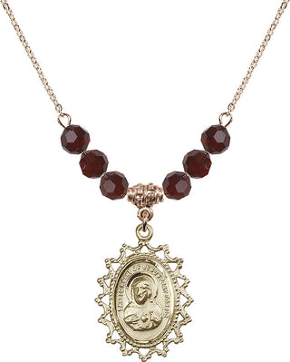 18" Hamilton Gold Plated Necklace with 4mm Garnet Crystal Beads featuring a 14kt Gold Filled Scapular Medal.