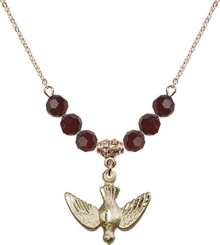 18" Hamilton Gold Plated Necklace with 4mm Garnet Crystal Beads featuring a 14kt Gold Filled Holy Spirit Medal.