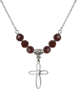18" Rhodium Plated Necklace with 4mm Garnet Crystal Beads featuring a Sterling Silver Loop Cross Medal.