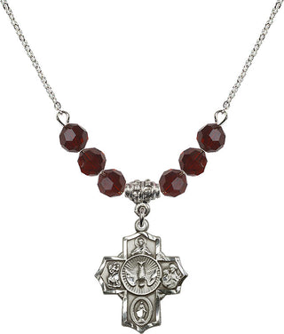 18" Rhodium Plated Necklace with 4mm Garnet Crystal Beads featuring a Sterling Silver 5-Way Medal.
