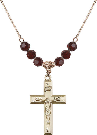 18" Hamilton Gold Plated Necklace with 4mm Garnet Crystal Beads featuring a 14kt Gold Filled Crucifix Medal.