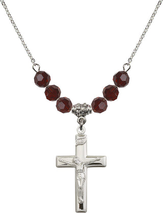 18" Rhodium Plated Necklace with 4mm Garnet Crystal Beads featuring a Sterling Silver Crucifix Medal.