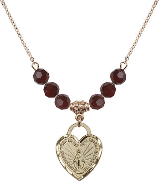 18" Hamilton Gold Plated Necklace with 4mm Garnet Crystal Beads featuring a 14kt Gold Filled Miraculous Heart Medal. Engraved Catholic Saint Jewelry