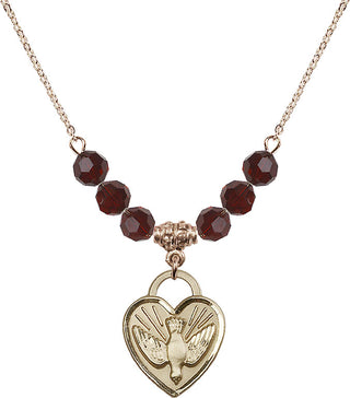 18" Hamilton Gold Plated Necklace with 4mm Garnet Crystal Beads featuring a 14kt Gold Filled Confirmation Heart Medal. Engraved Catholic Saint Jewelry