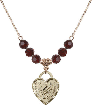 18" Hamilton Gold Plated Necklace with 4mm Garnet Crystal Beads featuring a 14kt Gold Filled Graduation Heart Medal. Engraved Catholic Saint Jewelry
