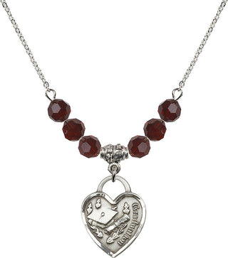 18" Rhodium Plated Necklace with 4mm Garnet Crystal Beads featuring a Sterling Silver Graduation Heart Medal. Engraved Catholic Saint Jewelry