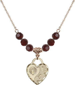 18" Hamilton Gold Plated Necklace with 4mm Garnet Crystal Beads featuring a 14kt Gold Filled Footprints Heart Medal. Engraved Catholic Saint Jewelry