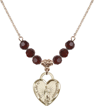 18" Hamilton Gold Plated Necklace with 4mm Garnet Crystal Beads featuring a 14kt Gold Filled Our Lady Guadalupe Heart / Recuerdo Medal.