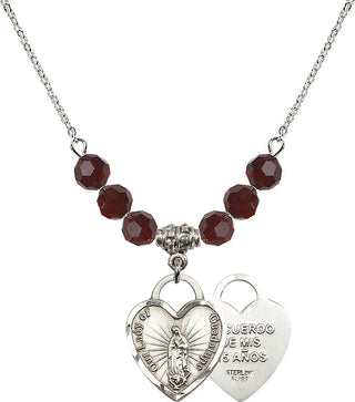 18" Rhodium Plated Necklace with 4mm Garnet Crystal Beads featuring a Sterling Silver Our Lady Guadalupe Heart / Recuerdo Medal.