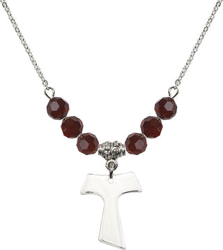 18" Rhodium Plated Necklace with 4mm Garnet Crystal Beads featuring a Sterling Silver Tau Cross Medal.