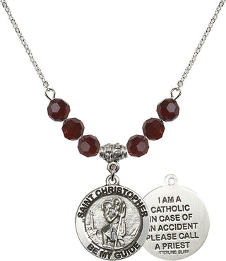 18" Rhodium Plated Necklace with 4mm Garnet Crystal Beads featuring a Sterling Silver Saint Christopher Medal.