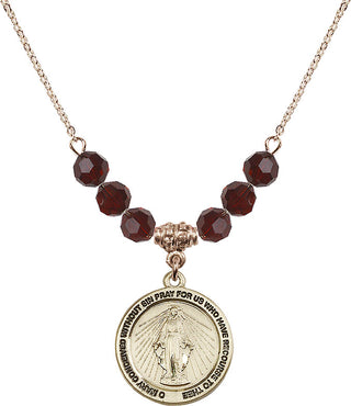 18" Hamilton Gold Plated Necklace with 4mm Garnet Crystal Beads featuring a 14kt Gold Filled Miraculous Medal.