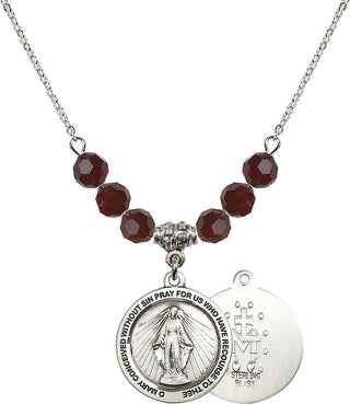 18" Rhodium Plated Necklace with 4mm Garnet Crystal Beads featuring a Sterling Silver Miraculous Medal.