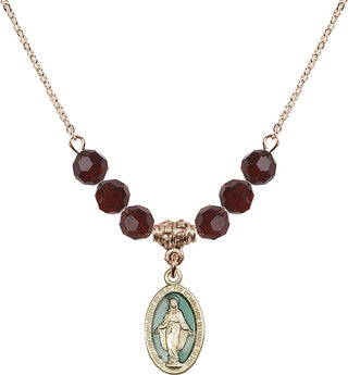 18" Hamilton Gold Plated Necklace with 4mm Garnet Crystal Beads featuring a 14kt Gold Filled Miraculous Medal.