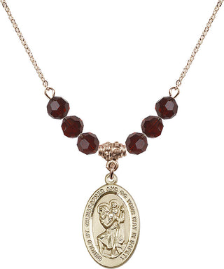 18" Hamilton Gold Plated Necklace with 4mm Garnet Crystal Beads featuring a 14kt Gold Filled Saint Christopher Medal. Engraved Catholic Saint Jewelry