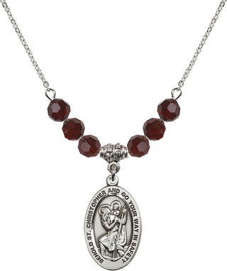 18" Rhodium Plated Necklace with 4mm Garnet Crystal Beads featuring a Sterling Silver Saint Christopher Medal. Engraved Catholic Saint Jewelry