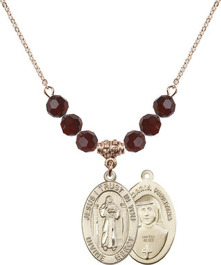 18" Hamilton Gold Plated Necklace with 4mm Garnet Crystal Beads featuring a 14kt Gold Filled Divine Mercy Medal.