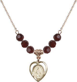 18" Hamilton Gold Plated Necklace with 4mm Garnet Crystal Beads featuring a 14kt Gold Filled Miraculous Medal.