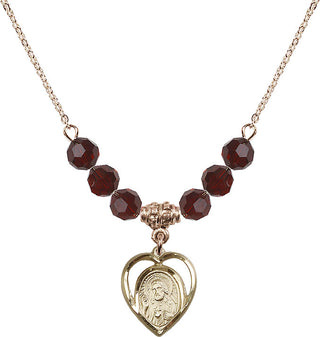 18" Hamilton Gold Plated Necklace with 4mm Garnet Crystal Beads featuring a 14kt Gold Filled Scapular Medal.