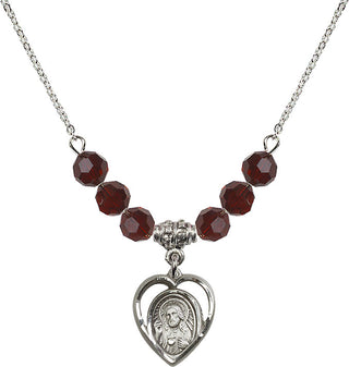 18" Rhodium Plated Necklace with 4mm Garnet Crystal Beads featuring a Sterling Silver Scapular Medal.