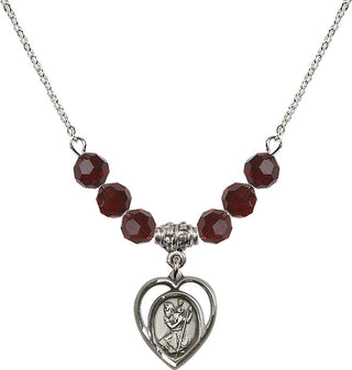 18" Rhodium Plated Necklace with 4mm Garnet Crystal Beads featuring a Sterling Silver Saint Christopher Medal.