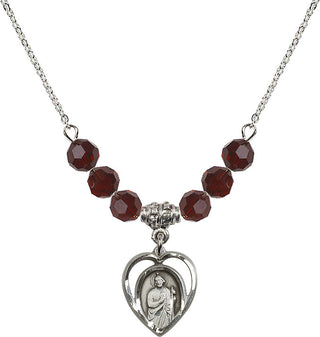 18" Rhodium Plated Necklace with 4mm Garnet Crystal Beads featuring a Sterling Silver Saint Jude Medal.