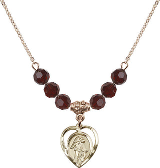 18" Hamilton Gold Plated Necklace with 4mm Garnet Crystal Beads featuring a 14kt Gold Filled Guardian Angel Medal.