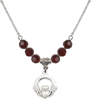 18" Rhodium Plated Necklace with 4mm Garnet Crystal Beads featuring a Sterling Silver Claddagh Medal.