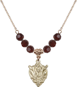 18" Hamilton Gold Plated Necklace with 4mm Garnet Crystal Beads featuring a 14kt Gold Filled Communion Medal.