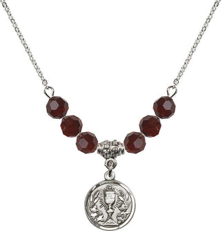 18" Rhodium Plated Necklace with 4mm Garnet Crystal Beads featuring a Sterling Silver Communion Chalice Medal.