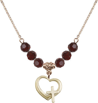 18" Hamilton Gold Plated Necklace with 4mm Garnet Crystal Beads featuring a 14kt Gold Filled Heart / Cross Medal.