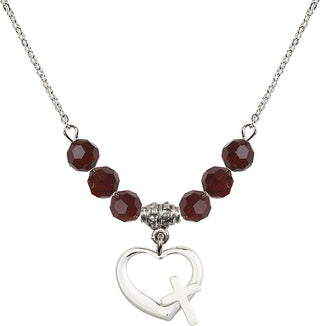 18" Rhodium Plated Necklace with 4mm Garnet Crystal Beads featuring a Sterling Silver Heart / Cross Medal.