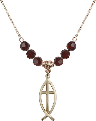 18" Hamilton Gold Plated Necklace with 4mm Garnet Crystal Beads featuring a 14kt Gold Filled Fish / Cross Medal.