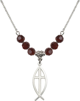 18" Rhodium Plated Necklace with 4mm Garnet Crystal Beads featuring a Sterling Silver Fish / Cross Medal.