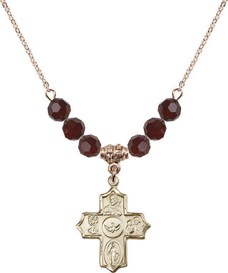 18" Hamilton Gold Plated Necklace with 4mm Garnet Crystal Beads featuring a 14kt Gold Filled 5-Way Medal.
