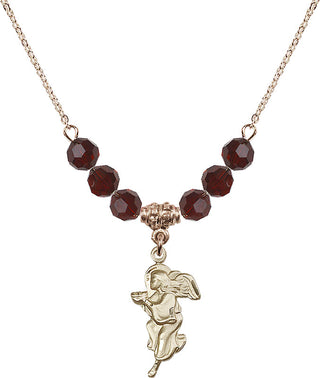 18" Hamilton Gold Plated Necklace with 4mm Garnet Crystal Beads featuring a 14kt Gold Filled Guardian Angel Medal.