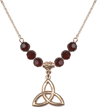 18" Hamilton Gold Plated Necklace with 4mm Garnet Crystal Beads featuring a 14kt Gold Filled Trinity Irish Knot Medal.