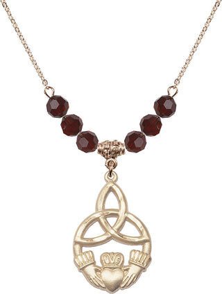 18" Hamilton Gold Plated Necklace with 4mm Garnet Crystal Beads featuring a 14kt Gold Filled Irish Knot / Claddagh Medal.