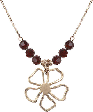 18" Hamilton Gold Plated Necklace with 4mm Garnet Crystal Beads featuring a 14kt Gold Filled Five Pedal Flower Medal.