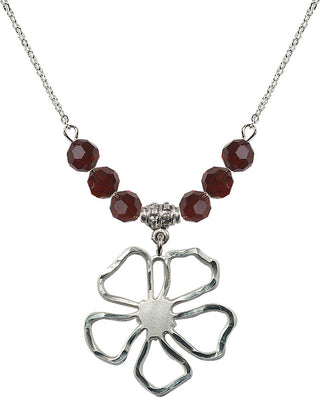 18" Rhodium Plated Necklace with 4mm Garnet Crystal Beads featuring a Sterling Silver Five Pedal Flower Medal.