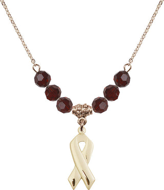 18" Hamilton Gold Plated Necklace with 4mm Garnet Crystal Beads featuring a 14kt Gold Filled Cancer Awareness Medal.