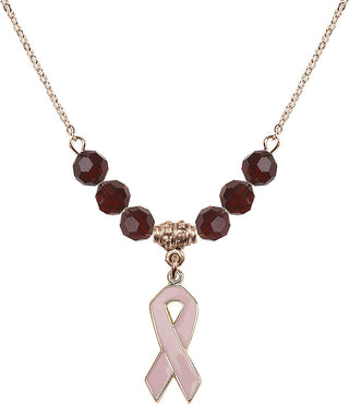18" Hamilton Gold Plated Necklace with 4mm Garnet Crystal Beads featuring a 14kt Gold Filled Cancer Awareness Medal.