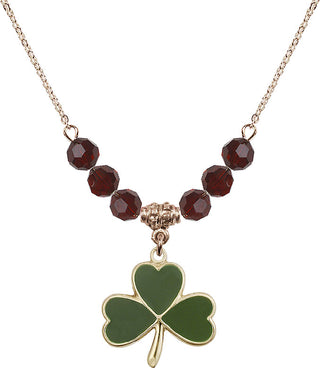 18" Hamilton Gold Plated Necklace with 4mm Garnet Crystal Beads featuring a 14kt Gold Filled Shamrock Medal.