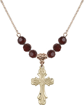 18" Hamilton Gold Plated Necklace with 4mm Garnet Crystal Beads featuring a 14kt Gold Filled Cross Medal.