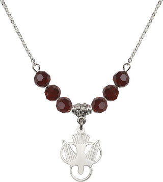 18" Rhodium Plated Necklace with 4mm Garnet Crystal Beads featuring a Sterling Silver Holy Spirit Medal.