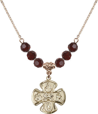 18" Hamilton Gold Plated Necklace with 4mm Garnet Crystal Beads featuring a 14kt Gold Filled 5-Way Medal.