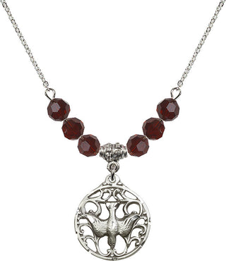 18" Rhodium Plated Necklace with 4mm Garnet Crystal Beads featuring a Sterling Silver Holy Spirit Medal.